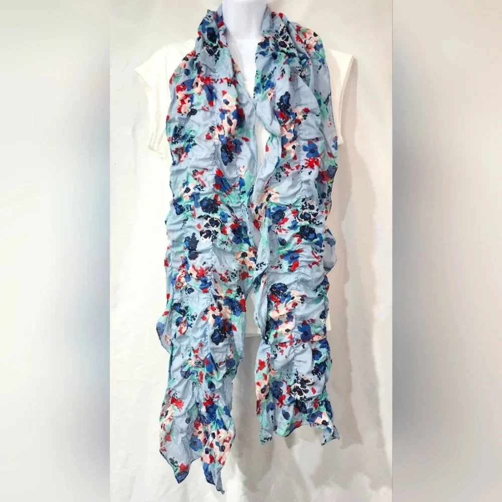 Light‎ Blue Cottage Girlhoodcore Feminine Ruched Floral Scarf